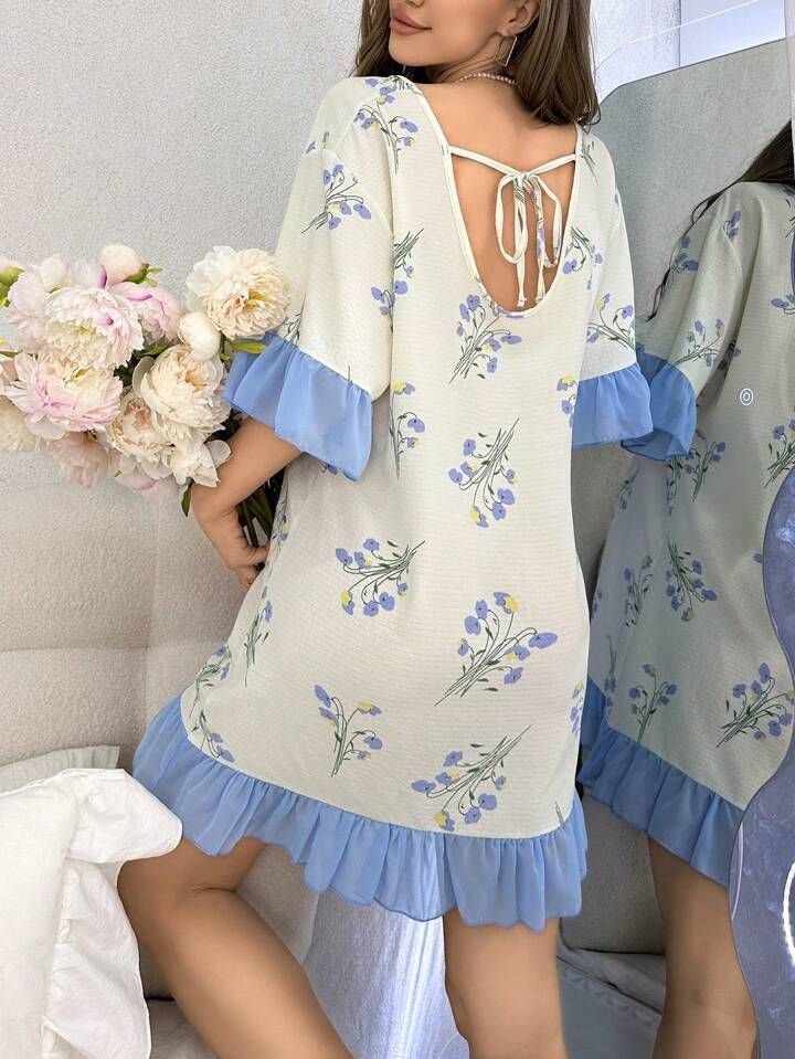 Blue V-neck Nightgown For The Beach, Spring Ruffled Pajamas For Pajama Party, Blue Floral Print Sleepwear, Spring Ruffled Sleepwear For Loungewear, Summer V-neck Sleepwear With Ruffles, V-neck Sleepwear With Ruffles, Summer V-neck Ruffled Sleepwear, Ruffled V-neck Sleepwear For Loungewear, V-neck Ruffled Sleepwear For Loungewear