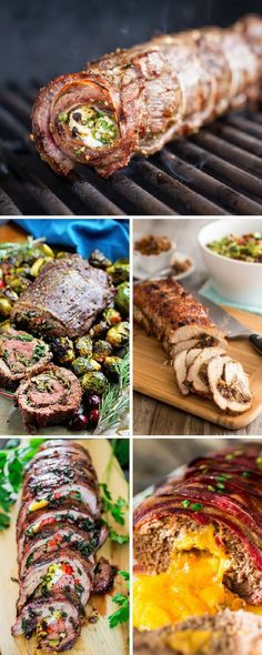 various pictures of meat and vegetables cooking on a grill