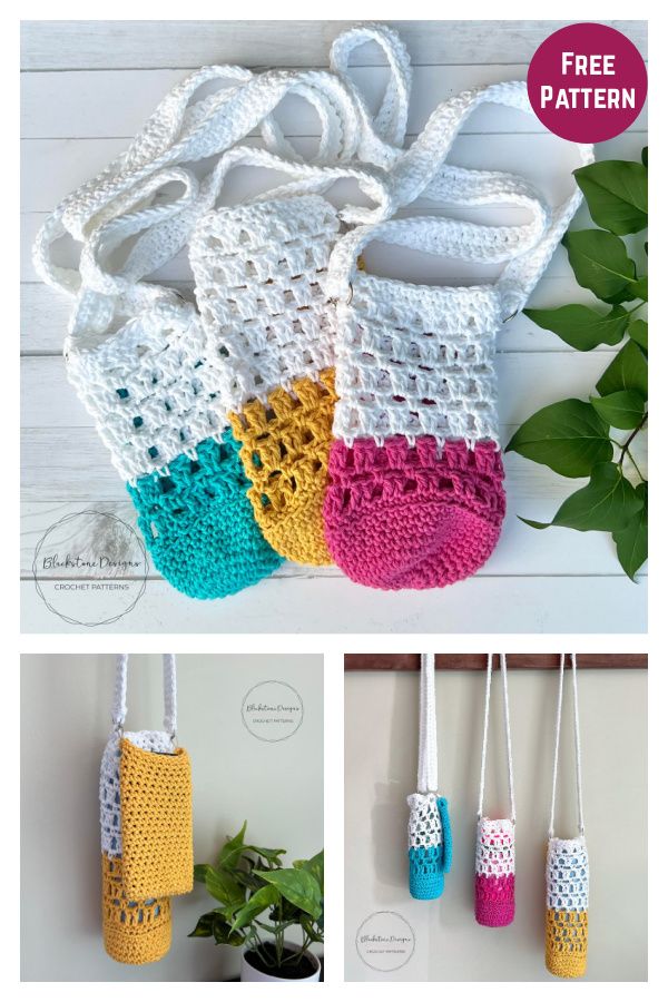 crocheted purses hanging from hooks with text overlay that says free pattern