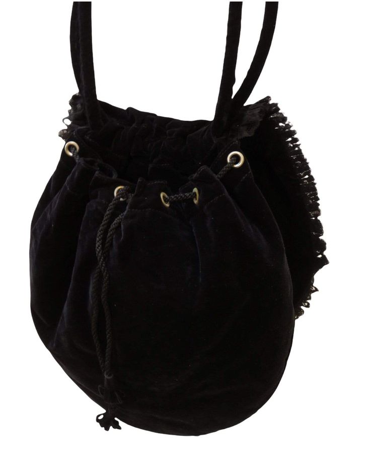 An ample handbag from vintage Chantal Thomass is constructed of soft black velvet. The flap features black lace ruffle embellishments. Beneath the flap is a deep pouch secured with a black drawstring cord. Carry it with confidence as you shoulder the two velvet straps. Round Shoulder Bag, Chantal Thomass, Lace Ruffle, Soft Black, Black Velvet, Womens Bracelets, Black Lace, Bags Women, Bucket Bag