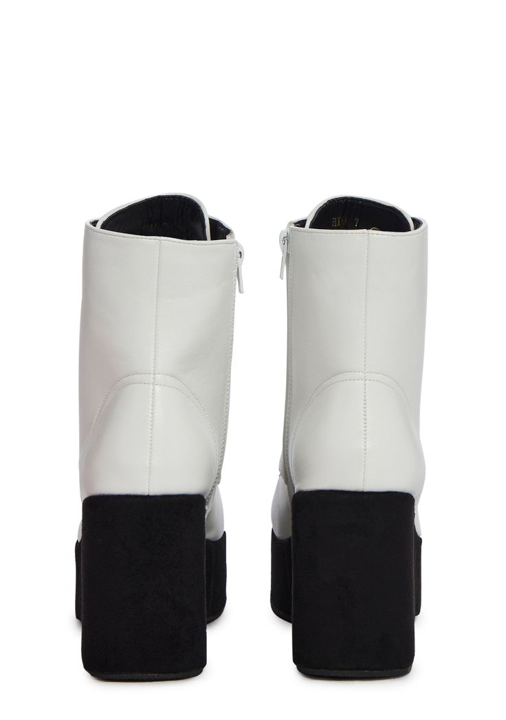 cuz it's a day party. These Platform boots have a vegan leather construction, lace up ties, and side zip closure. White Boots With Zipper For Fall, White Boots With Zipper Closure For Fall, White Platform Boots With Zipper For Winter, White Platform Boots With Zipper Closure For Spring, White Boots With Zipper Closure For Spring, White Faux Leather Platform Boots For Party, White Casual Platform Boots In Faux Leather, Casual White Party Boots, White Ankle Platform Boots For Party