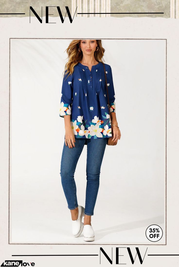 Floral Print Navy Blue Split Neck Blouse Casual Blue Printed Blouse, Casual Blue Floral Print Blouse, Blue Fall Vacation Top, Blue Short Sleeve Blouse For Fall, Elevate Your Style, Your Style, Split, Floral Print, Floral Prints