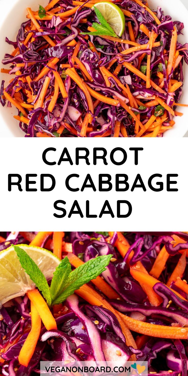 carrot red cabbage salad with lime and mint garnish