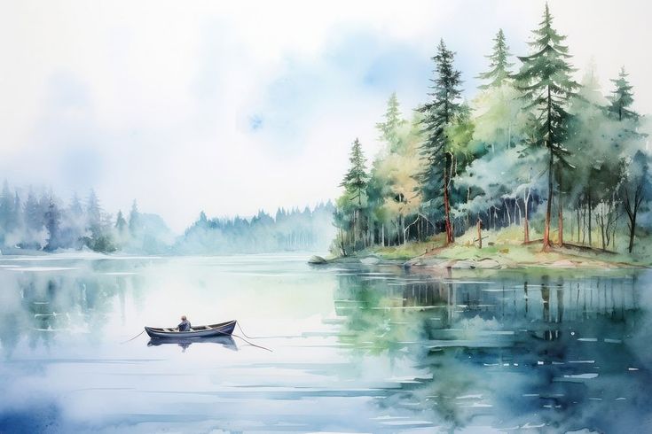 a painting of a man in a boat on a lake surrounded by trees and water