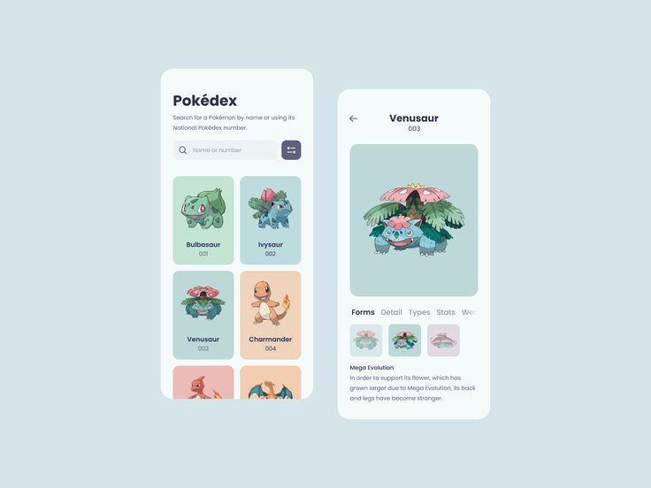 two iphone screens showing the app design for pocketbox, which is designed to look like pokemon