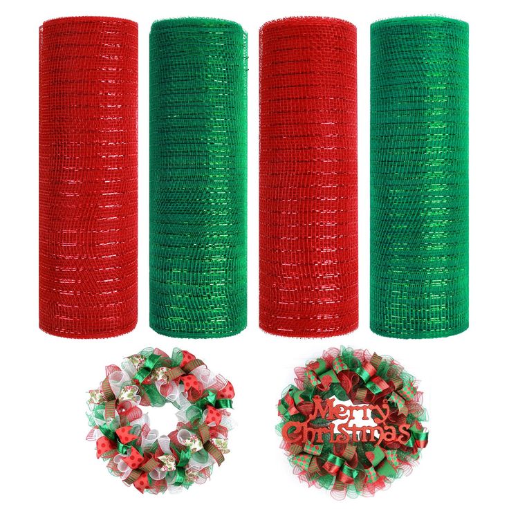 three christmas wreaths and two rolls of green mesh with red ribbon on each roll