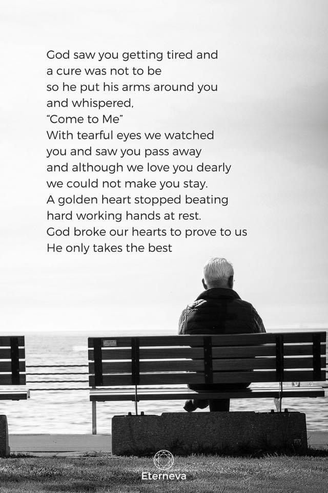 an elderly man sitting on a park bench next to the ocean with his back turned