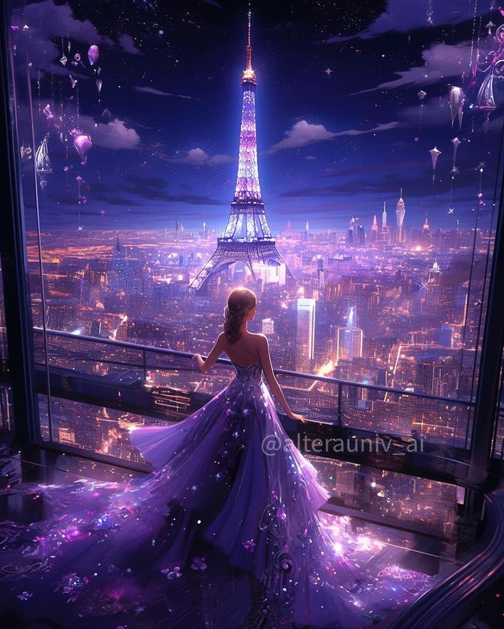 a woman standing in front of a window looking at the eiffel tower