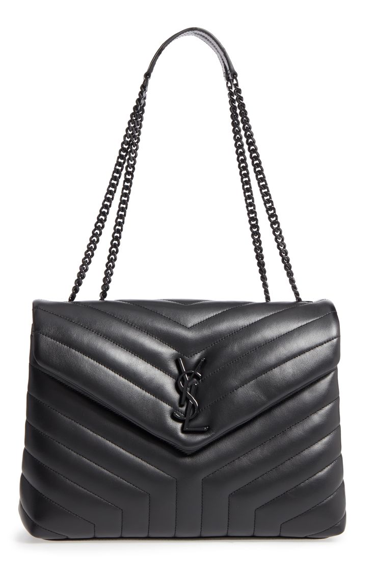 Matelassé quilting highlights the supple calfskin leather of a spacious shoulder bag detailed with black hardware, resulting in a chic, monochromatic palette. A divided interior and pull-through chain strap add convenience to the style. Style Name:Saint Laurent Medium Loulou Matelassé Leather Shoulder Bag. Style Number: 5500503. Available in stores. Leather Camera Bag, Bag Women Fashion, Womens Designer Handbags, Leather Belt Bag, Quilted Leather, Leather Chain, Online Bags, Leather Satchel, Leather Clutch