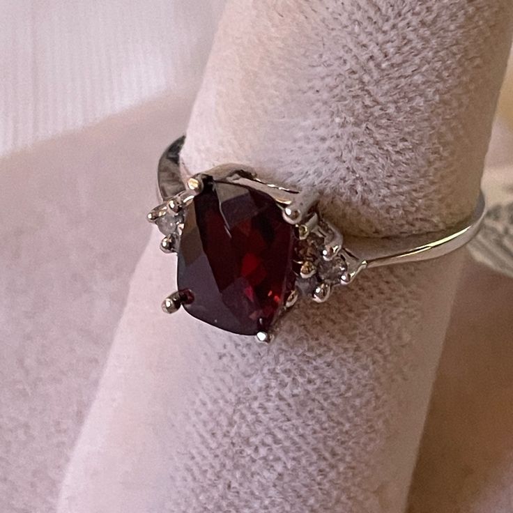 Brand New With Tag Size 6.5 Genuine Garnet And Diamonds Ring. Price On The Tag Reflects Pricing In 1995. Rings Red Stone, Classic Silver Birthstone Ring With Accent Stones, Classic Rings With Garnet And Prong Setting, Elegant Silver Ruby Ring With Accent Stones, Classic Garnet Rings With Prong Setting, Classic Garnet Birthstone Ring With Center Stone, Classic Garnet Birthstone Ring, Garnet Ring With Prong Setting, Garnet Rings Vintage