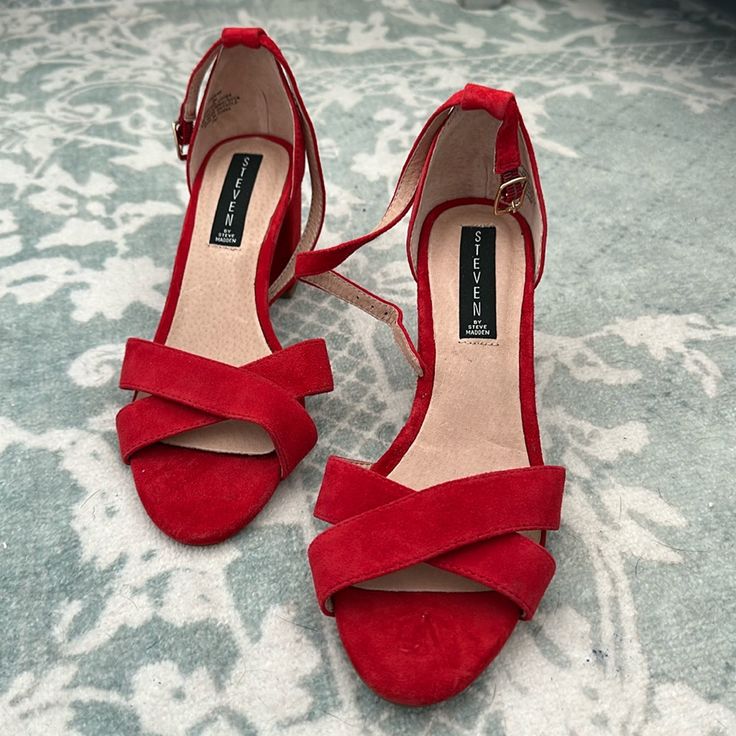 Steve Madden Red Sandal Heels. Never Worn! Great For The Summer! Red Open Toe Heels With 4-inch Heel, Red High Heel Sandals With Heel Loop, Red Sandals With 4-inch Heel And Round Toe, Red High Heel Shoes With Heel Loop, Red Wedge Sandals With Heel And Ankle Strap, Red Wedge Heel Sandals With Heel Loop, Red Open Toe Sandals With Padded Heel, Red Low Heel Block Heels For Summer, Red Heels With 4-inch Open Heel