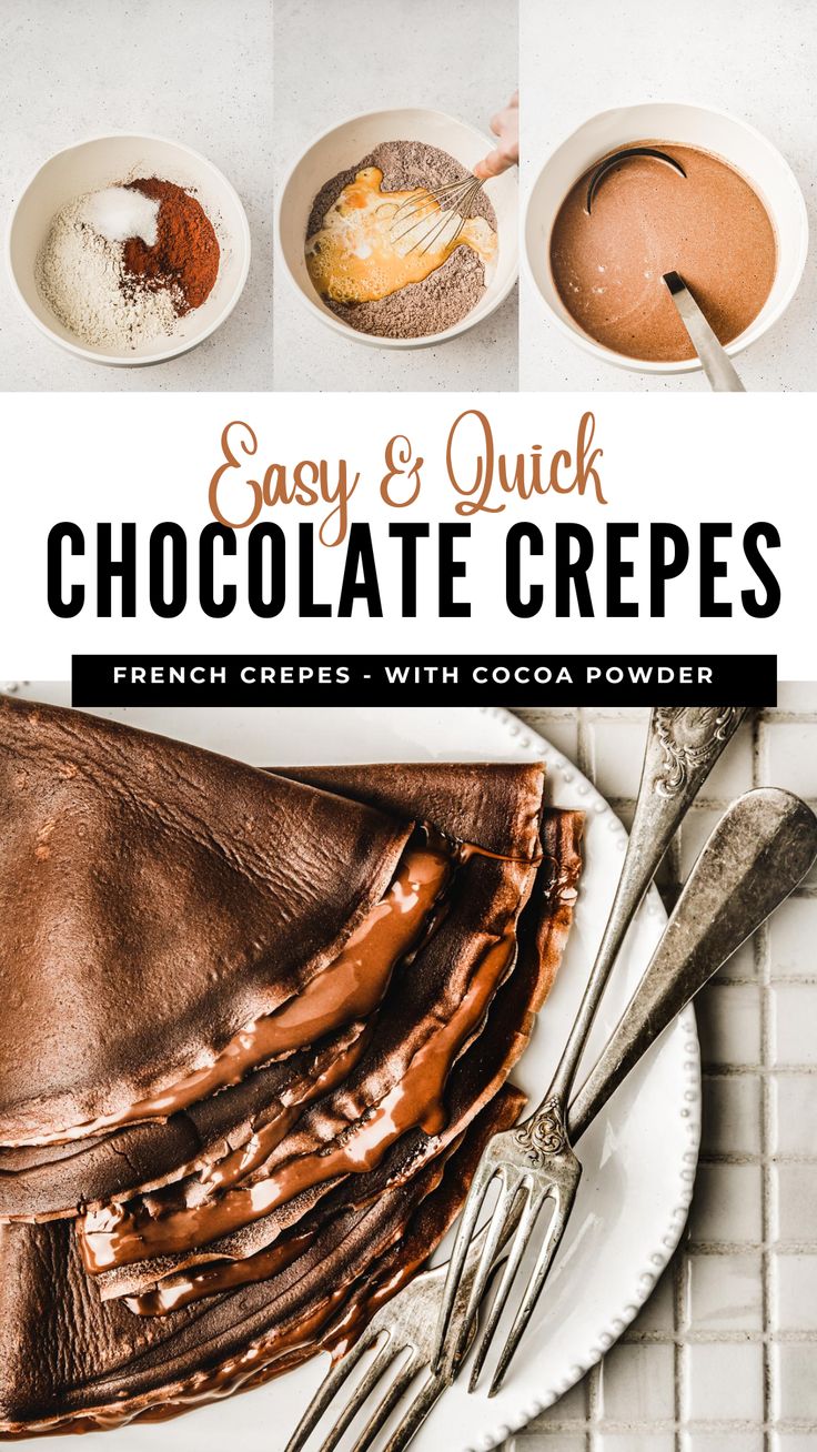 easy and quick chocolate crepes with cocoa powder on the side in white bowls