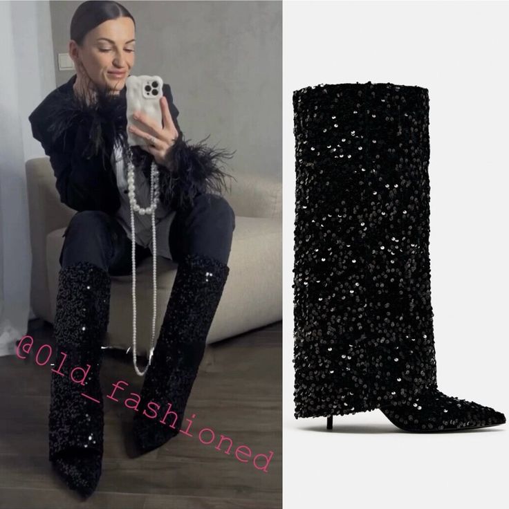 Zara Sequin Knee High Heeled Gaiter Boots In Black Sz 37 / 6.5 Brand New With Tags. Velvet Knee High Boots With Sequins. Gaiter Detail. Pointed Toe. Heel Height: About 2.8 Inches (7 Cm) Upper 100% Polyester Lining 77% Polyester 13% Elastane 10% Polyurethane Sole 100% Polyurethane Thermoplastic Insole 86% Polyester 14% Elastane Black | 3084/310 New Posher? Sign Up With Invite Code 0ld_fashioned For $10 Off Your First Poshmark Purchase My Photos Are Taken Inside With A Flash. If You Need Additiona Zara Sequin Boots, Trendy Sequined Boots For Fall, Glamorous Knee-high Boots For Winter Night Out, Glamorous Knee-high Boots For Winter Parties, Glamorous Knee-high Boots For Night Out In Winter, Glamorous Pointed Toe Knee-high Boots For Party, Glamorous Knee-high Boots With Pointed Toe For Party, Sequin Boots For Night Out In Fall, Sequin Boots For Evening Parties