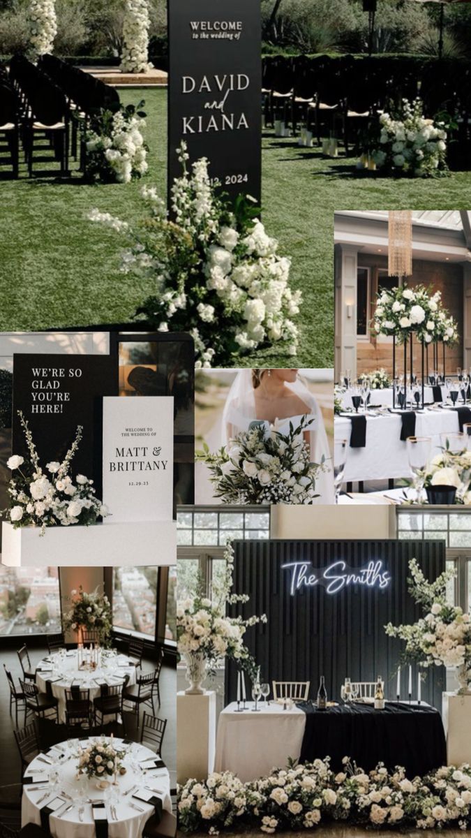 Inspired Wedding Details • Floral Designs by Lauren Renée • Contact wdrimagery.com to BOOK a Consult with our team! Black White Wedding Theme Classy, Dark Dramatic Wedding, All White And Black Wedding, Sage Green Black And White Wedding Theme, Black And White Color Palette Wedding, Wedding Ideas Greenery, Wedding Colors That Go With Black, Wedding Inspo Modern, Outdoor Black Wedding