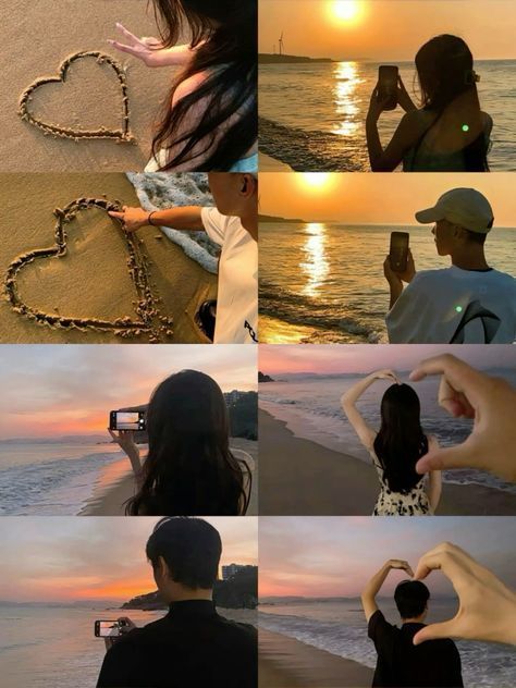 people making heart shapes on the beach at sunset with their hands in front of them