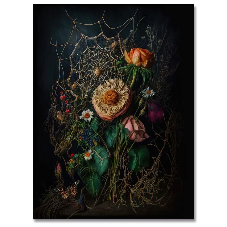 a painting of flowers and vines on a black background with an insect in the foreground