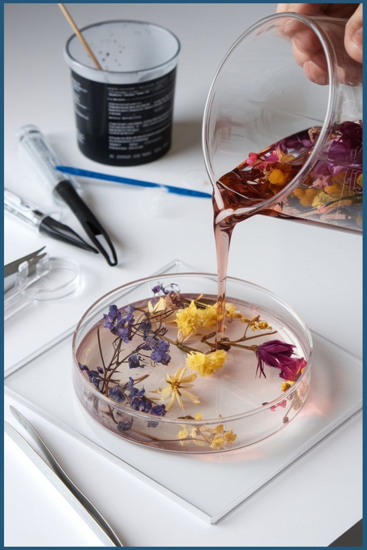 Pouring resin over colorful dried flowers arranged in a petri dish. Epoxy Dried Flowers Diy, How To Put Flowers In Resin, Pressed Flower Resin Art, Preserving Flowers In Resin, Diy Flower Resin, Epoxy Resin Flowers, Flower Resin Art, Freeze Dried Flowers, Dried Flowers In Resin