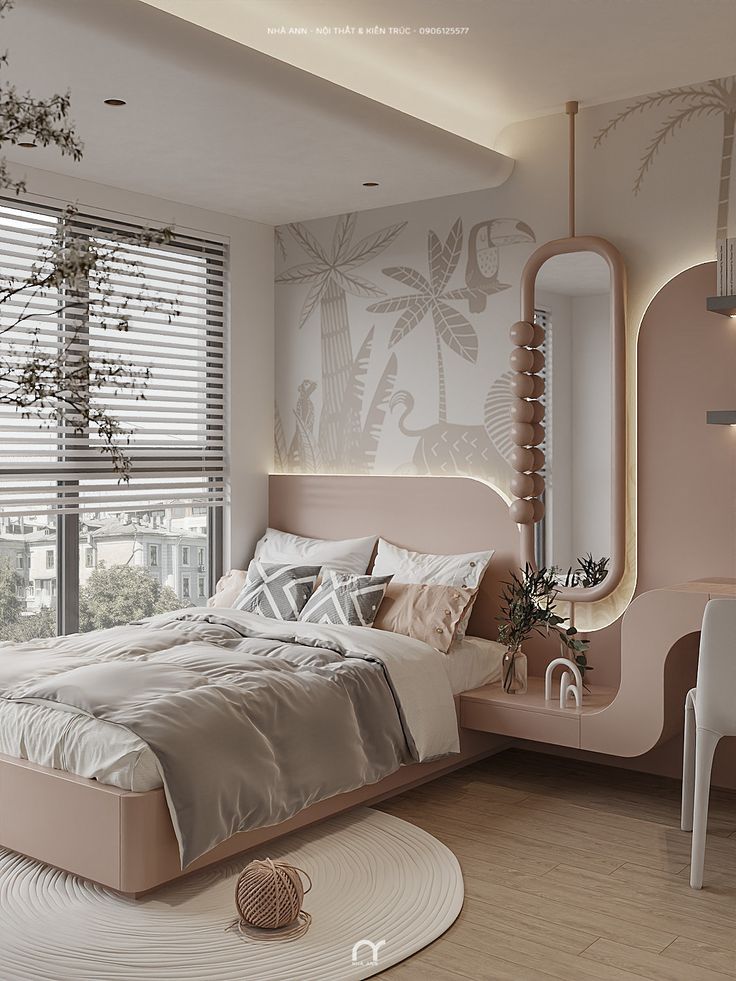 a bedroom decorated in pink and white with palm trees on the wall behind the bed