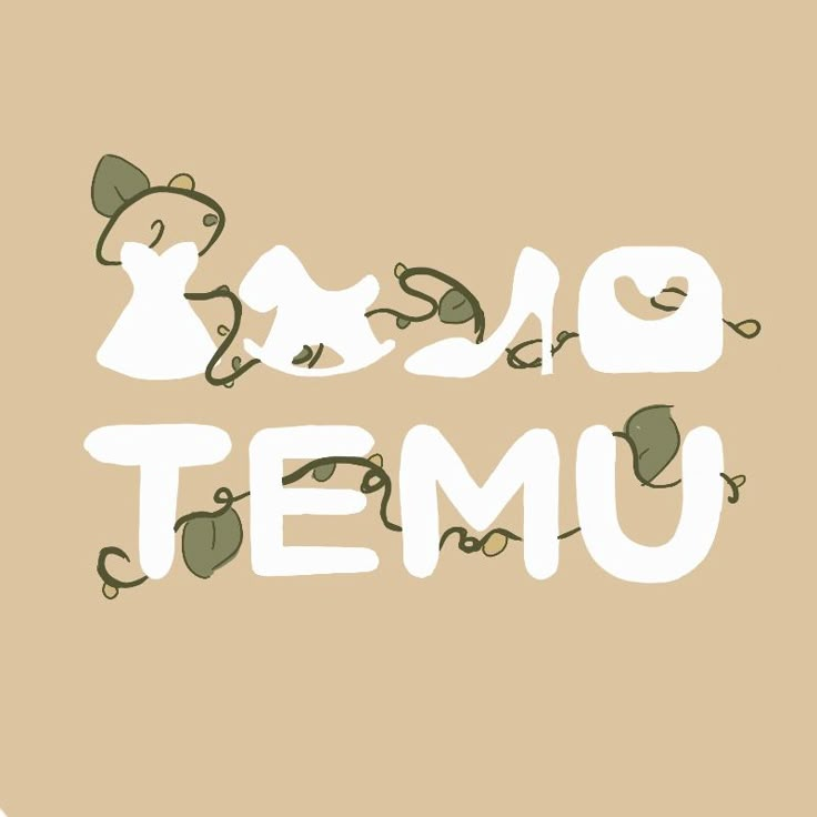 the words rasp temu written in white on a beige background with green leaves