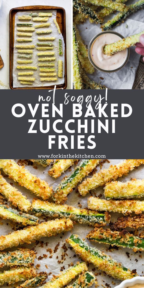 oven baked zucchini fries on a baking sheet with dipping sauce in the background