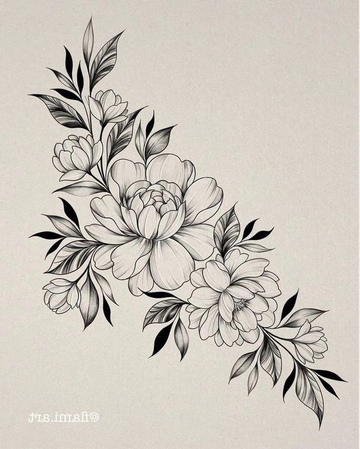 a black and white drawing of flowers