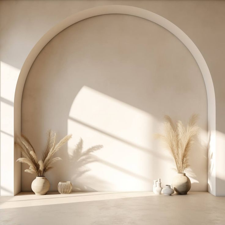 two vases with plants in them are sitting on a shelf next to an arch