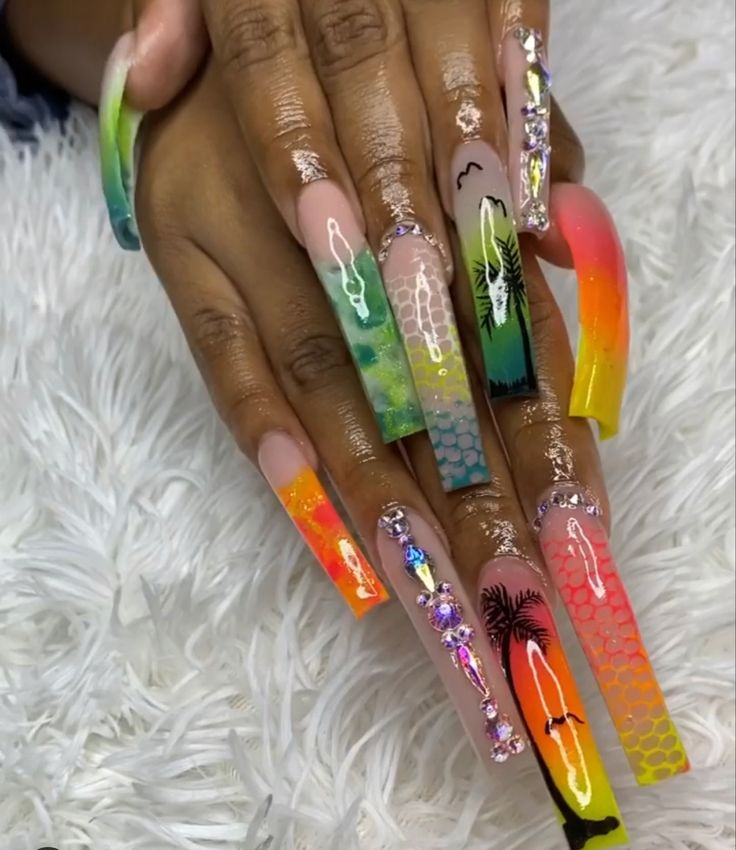 Extra Vacation Nails, Xxl Vacation Nails, Island Theme Acrylic Nails, Jamaica Nails Vacations, Vacation Nails Black, Backwoods Nails Acrylic, Overlay Nails, Fye Nails, Nail Business