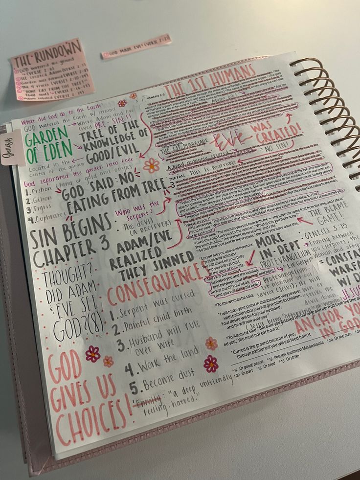 the inside of a bible with words and phrases on it, as well as stickers