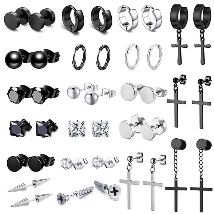 PRICES MAY VARY. PACKAGE INCLUDED: 20 pairs of fashion women earrings,including 5pairs of black stud earrings, 7pair of silvery studs,4pairs of small huggie hoops, and 4pairs of cross dangle earrings with black and silvery colors, many options for you to wear everyday. HIGH QUALITY: Made of stainless steel,these earrings are not easy to fade,dust and corrosion proof, could wear for long time.The clipon hoops are easy to open or close, comfortable to wear and very fashionable. FASHION STYLES: The Black Studs, Black Stud Earrings, Types Of Earrings, Friends Christmas, Black Stud, Earring Stud, Women Earrings, Steel Earrings, Gifts For Your Mom