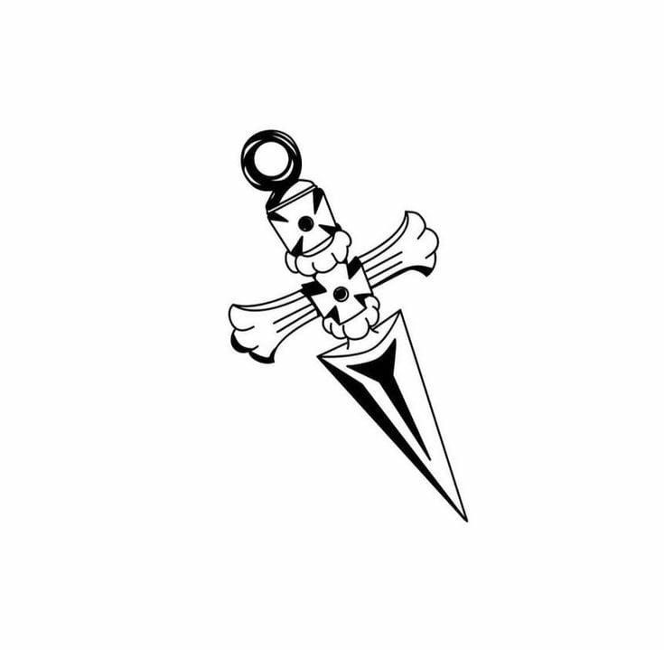 a black and white drawing of an old fashioned dagger with crossbones on it