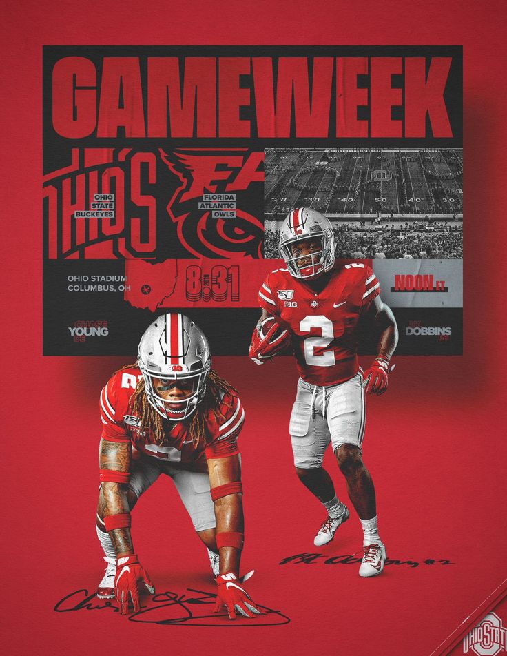 two football players standing next to each other in front of a poster with the words game week on it