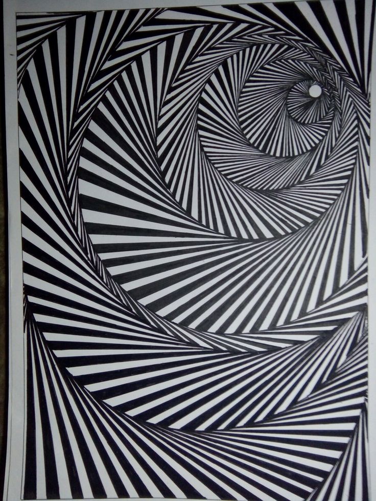 a black and white drawing with an optical pattern in the center that looks like a spiral