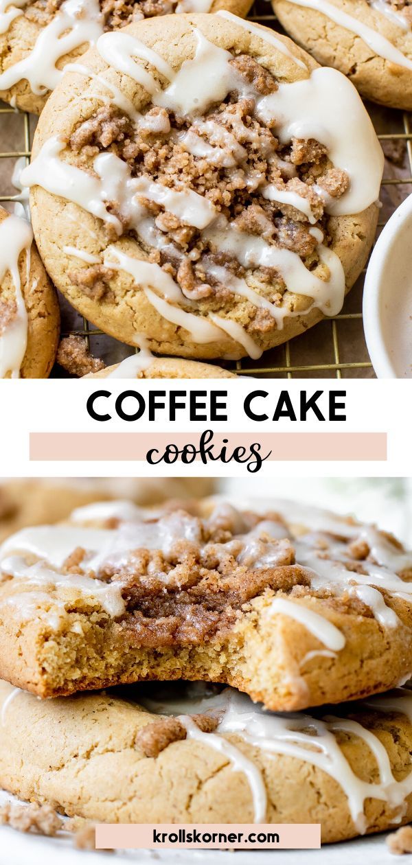 a cookie filled with coffee cake streusel and coated in a glaze Coffee Cake Cookies, Crumble Cookie Recipe, Crumble Cookie, Crumbl Cookies, Christmas Baking Recipes, Gourmet Cookies, C Is For Cookie, Think Food, Fun Baking Recipes