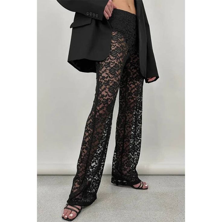 Expertly crafted with style and comfort in mind, our Sexy Patchwork Lace See Through Straight Pants are perfect for any fashion-forward woman. The trendy patchwork lace design adds a touch of elegance, while the straight cut provides a flattering silhouette. Ideal for summer streetwear, these pants effortlessly combine style and comfort for a must-have wardrobe staple. Elegant Black Bottoms With Lace Trim, Spring Party Bottoms With Lace Patchwork, Wide Leg Pants With Lace Trim For Night Out, Elegant Non-stretch Lace Bottoms, Black Bottoms With Lace Trim For Night Out, Lace Wide Leg Bottoms For Night Out, Lace Wide-leg Bottoms For Night Out, Black Lace High Waist Bottoms, Black Stretch Lace Pants