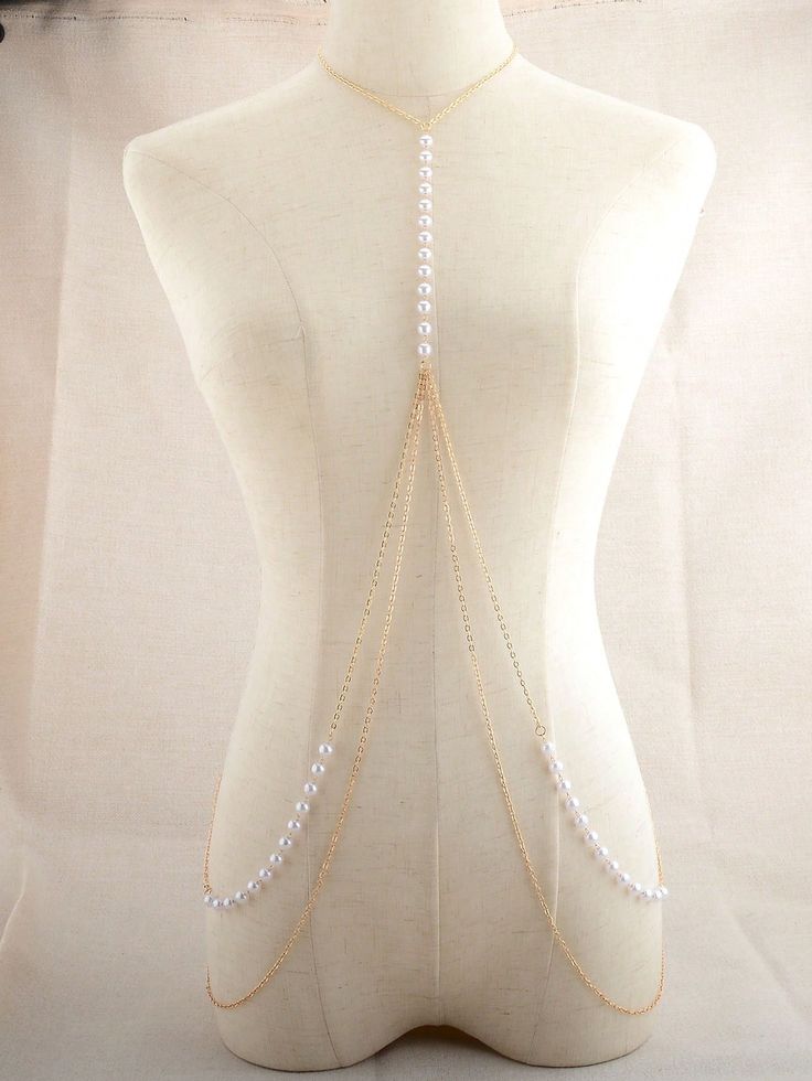 Gold Pearl Body Chain For Party, Party Gold Body Chain With Pearls, Body Jewelry Chains Pearl, Elegant White Pearl Chain Body Jewelry, Pearl Harness Body Chains, Body Chains, Gold Collar, Faux Pearl, Collar