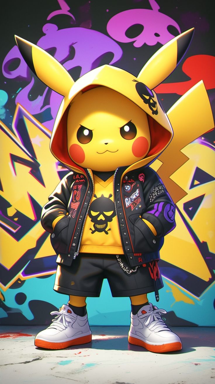 an image of a cartoon character wearing a hoodie and jacket, standing in front of graffiti