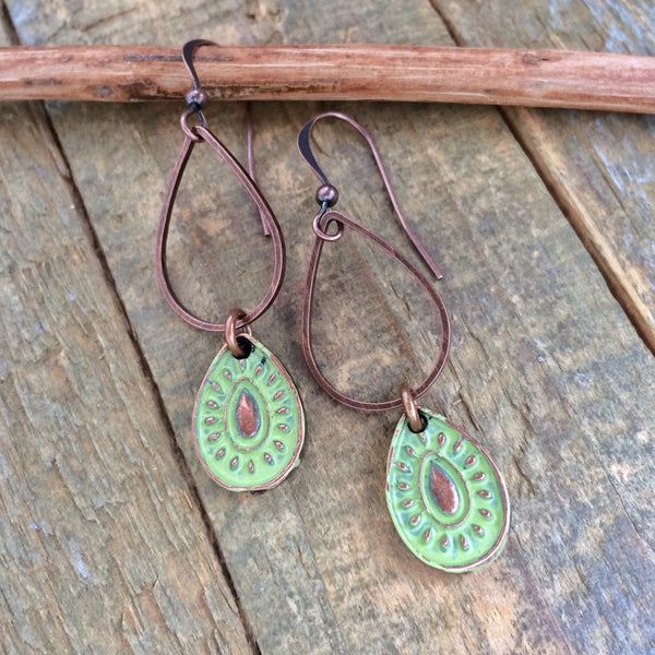 Green Patina Paisley and Copper Drop Earrings – Rustica Jewelry Paisley Jewelry, Paisley Earrings, Patina Green, Blue Stone Necklace, Green Patina, Green Pendants, Jasper Earrings, Rustic Jewelry, Bohemian Earrings