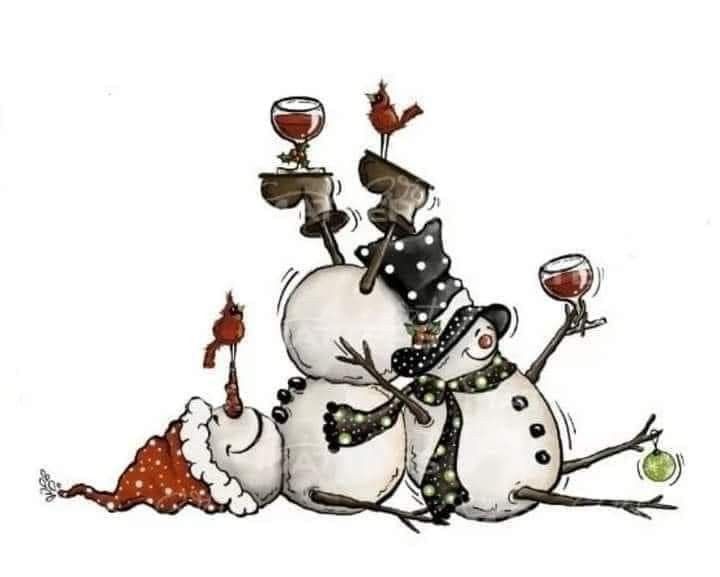 a snowman with two wine glasses on his head and one holding a glass of wine