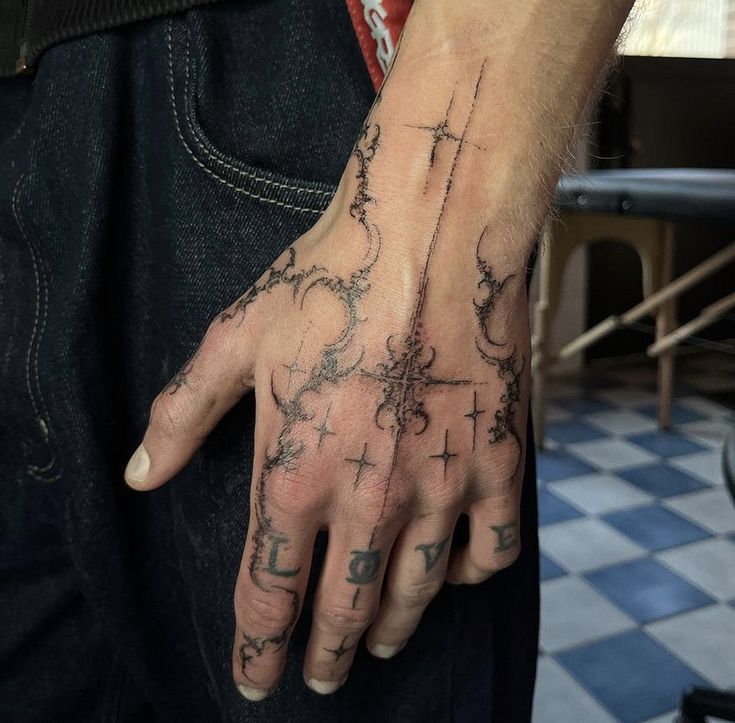 a man's hand with tattoos on it