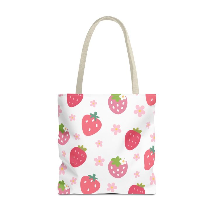 This adorable tote bag is perfect for carrying your essentials. Its vibrant design features strawberries and daisies, adding a touch of whimsy to your everyday look. Bring some fruity and floral fun wherever you go with this cute tote. Available in 3 sizes to add both functionality and style, these tote bags come with multiple handle colors to match your designs. Made with spun polyester, these bags feature double-stitched seams, cotton webbing straps, and nonwoven laminate lining for high-end d Strawberries And Daisies, Bottle Garden, 4th Of July Outfits, Bottle Shop, Blue Daisy, Red Strawberry, Coral Peach, Custom Phone Cases, Vibrant Design