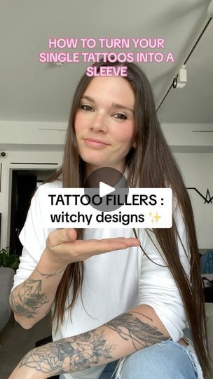 a woman with tattoos holding up a sign that says tattoo fillers, which designs