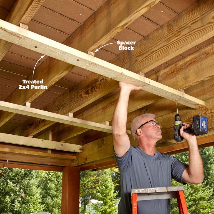 a man is working on the roof of his house with a driller and hammer