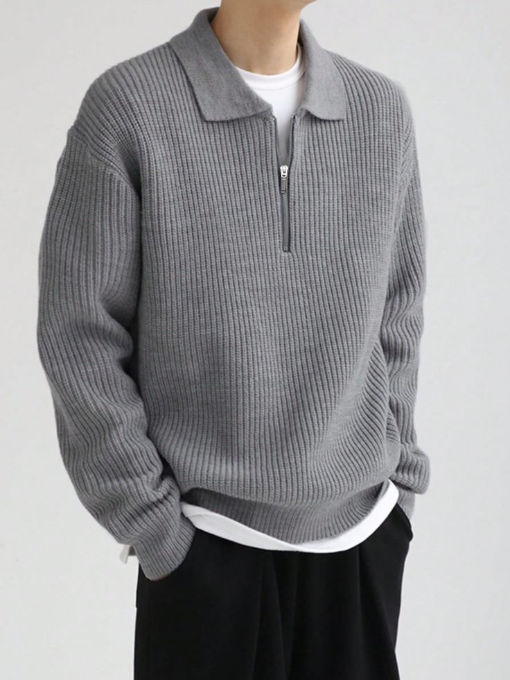 Grey Casual Collar Long Sleeve Fabric Plain Pullovers Embellished upper cuff circumference  Men Clothing Round Neck Cardigan, Herren Style, Jeremy Allen White, Zip Collar, Drop Shoulder Sweaters, Mens Pants Fashion, Knitwear Men, Collar Sweater, Boys Long Sleeve