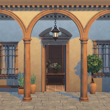 an artist's rendering of the front entrance to a house with arches and potted plants