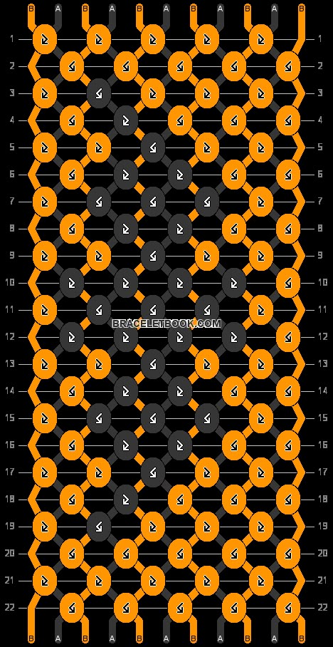 an orange and black pattern with numbers on the bottom, and two dots in the middle