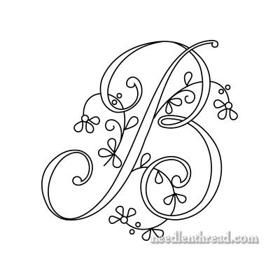 the letter b is decorated with swirls and flowers in black ink on a white background