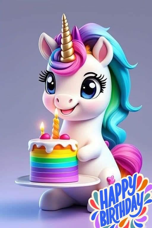 a cartoon unicorn holding a birthday cake with a candle in it's mouth and the caption happy birthday