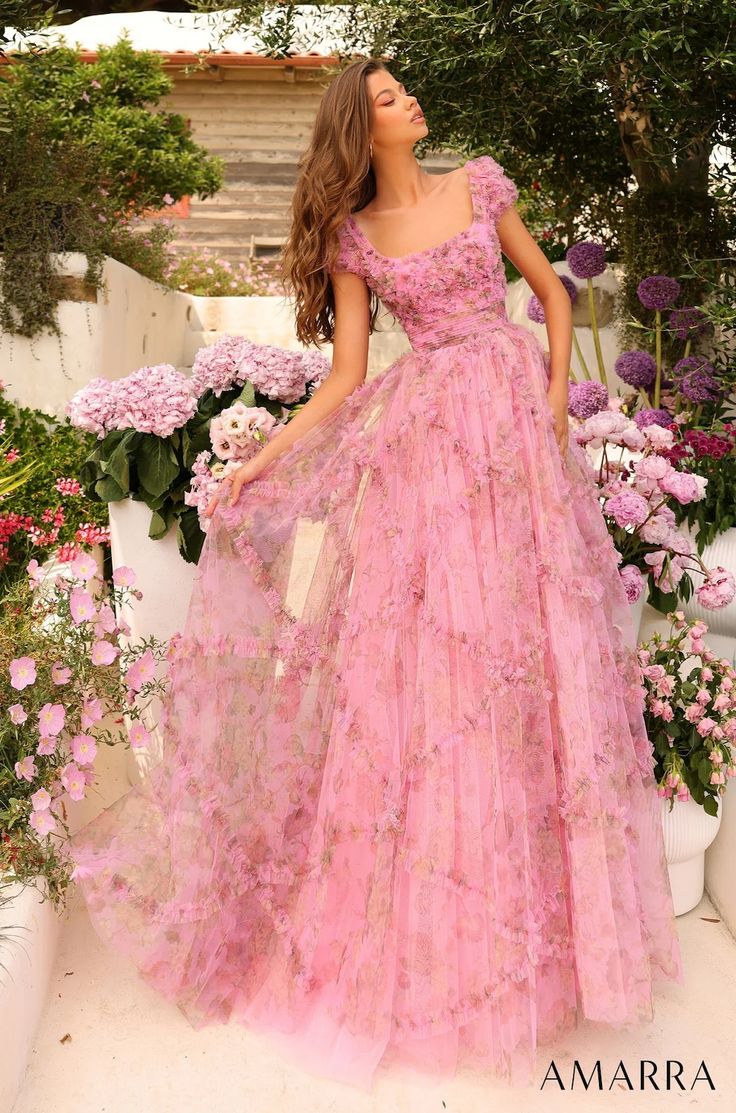 Turn your prom evening into a wondrous fairy tale with our gorgeous long flowery tulle dress with a sabrina neckline Floral Ballgown, Sabrina Neckline, Cap Sleeve Prom Dress, Backless Gown, Long Evening Gowns, Floral Print Shorts, Long Prom Dress, Prom Gown, Formal Gowns