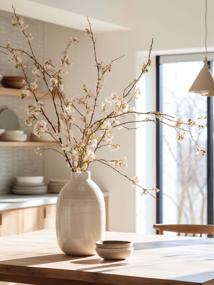 a vase filled with white flowers sitting on top of a wooden table next to a window