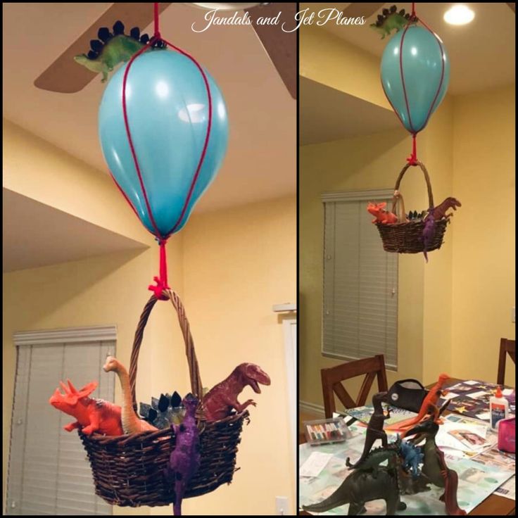 two pictures of balloons in the shape of animals and dinosaurs hanging from strings over a dining room table